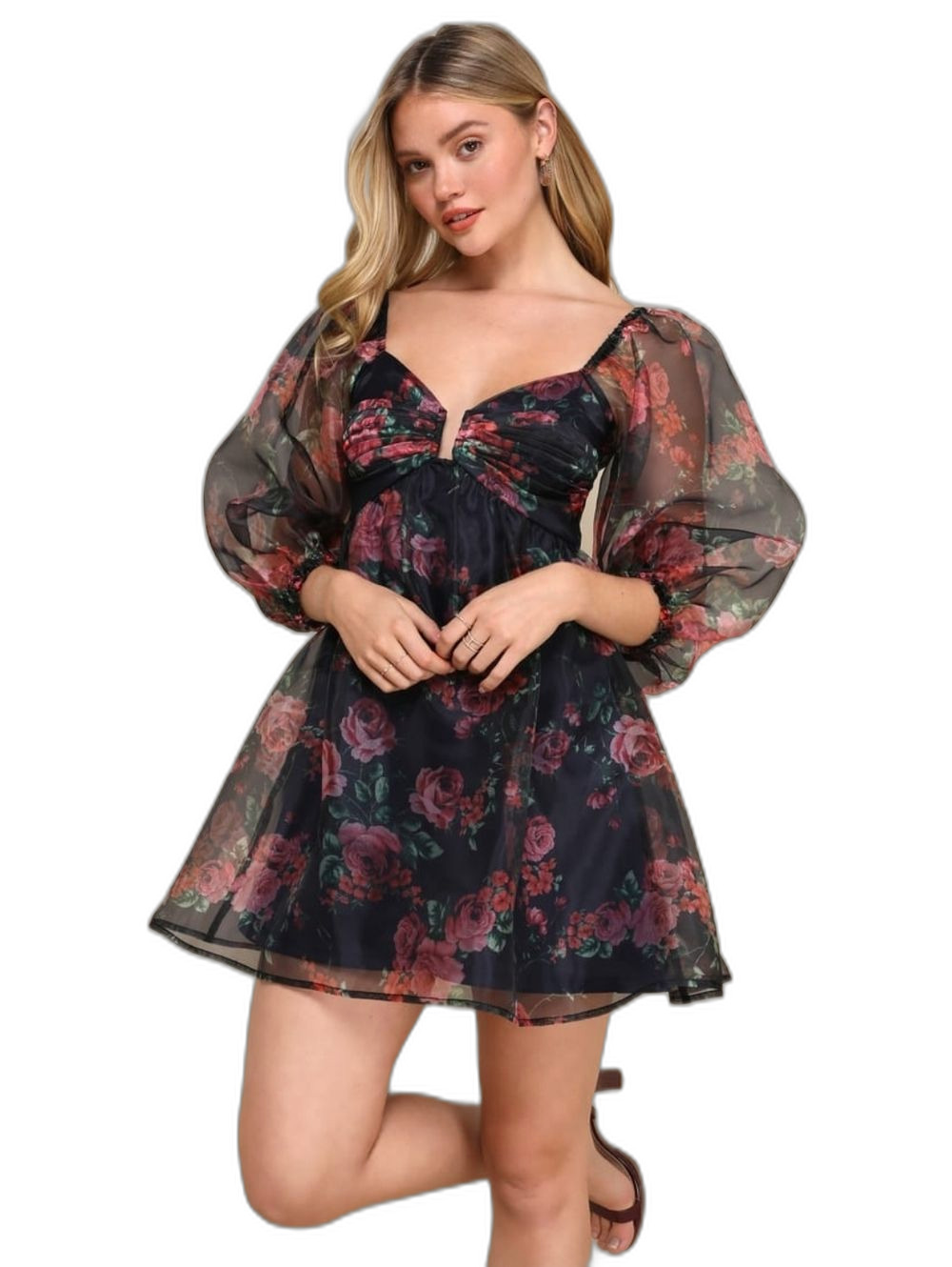 Lulus Sweetly Flirty Navy Blue Floral Organza Puff Sleeve Mini Dress. 